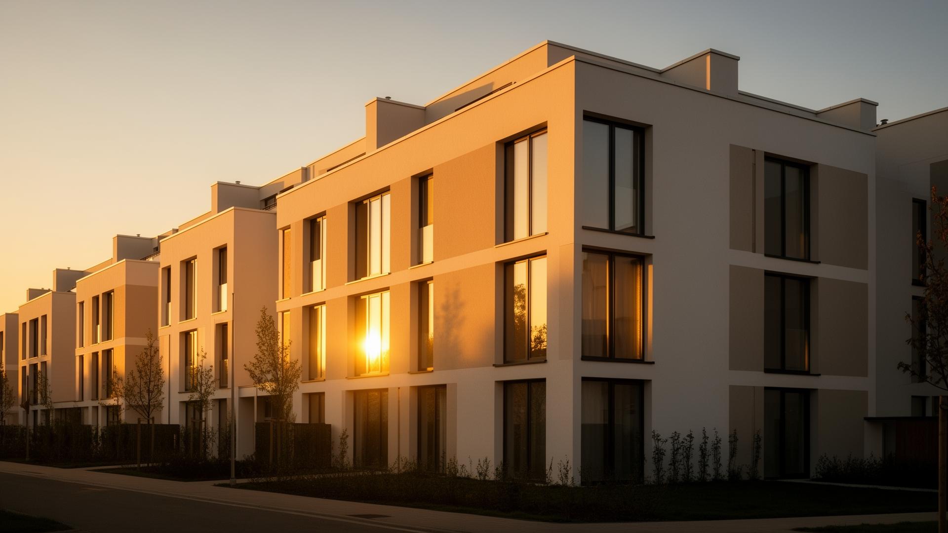 Modernes Wohngebäude bei Sonnenuntergang